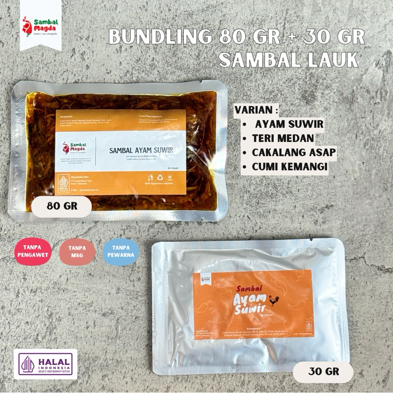 

sambal magda - bundling sambal lauk 80 gr + 30 gr | sambal cumi kemangi | sambal teri medan | sambal cakalang asap | sambal ayam suwir | sambal kemasan