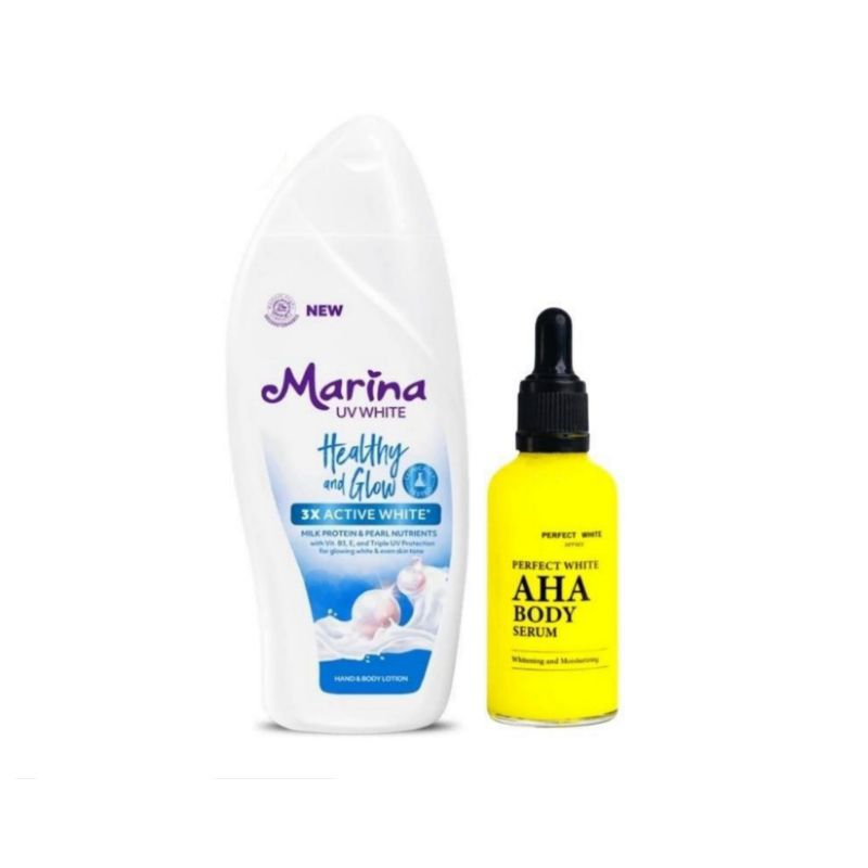 PAKET EKSTRA WHITENING Marina Hand & Body Lotion UV White 185ml Dan Aha Body Serum 50ml