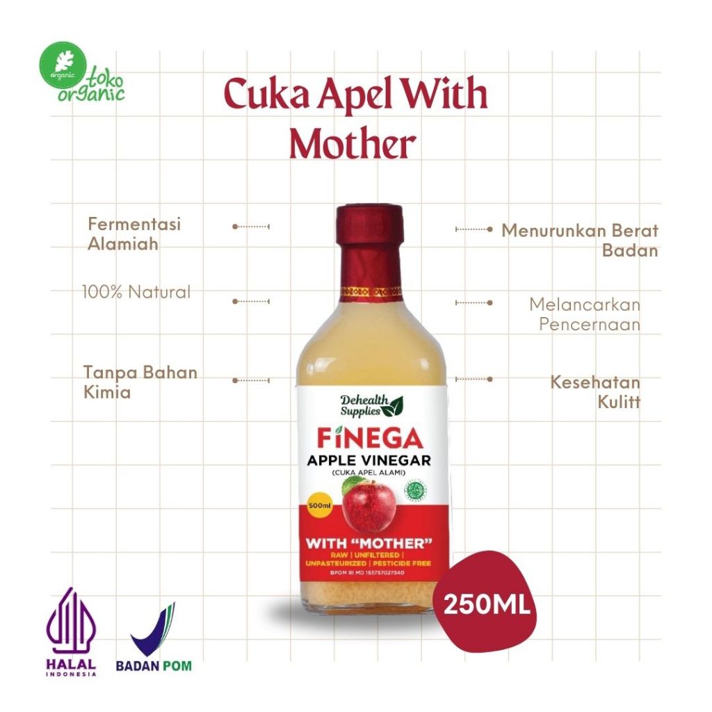 Dehealth Supplies FINEGA CUKA APEL | Apel Vinegar Alami With Mother  -  250ML