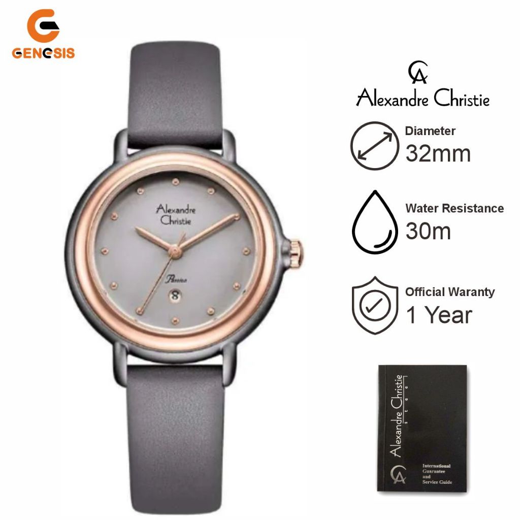 Jam Tangan Wanita Alexandre Christie Passion AC 2963 LD LRGGR Ladies Light Grey Dial Grey Leather St