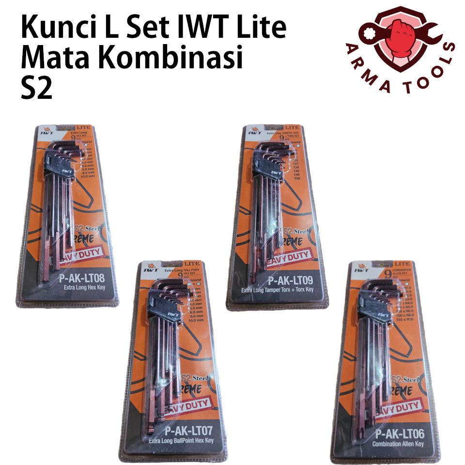 Kunci L S2 Set IWT 9 pcs Panjang Kombinasi Hex-Hex, Tamper Torx-Tamper Torx, Hex-Torx, Hex-Ball