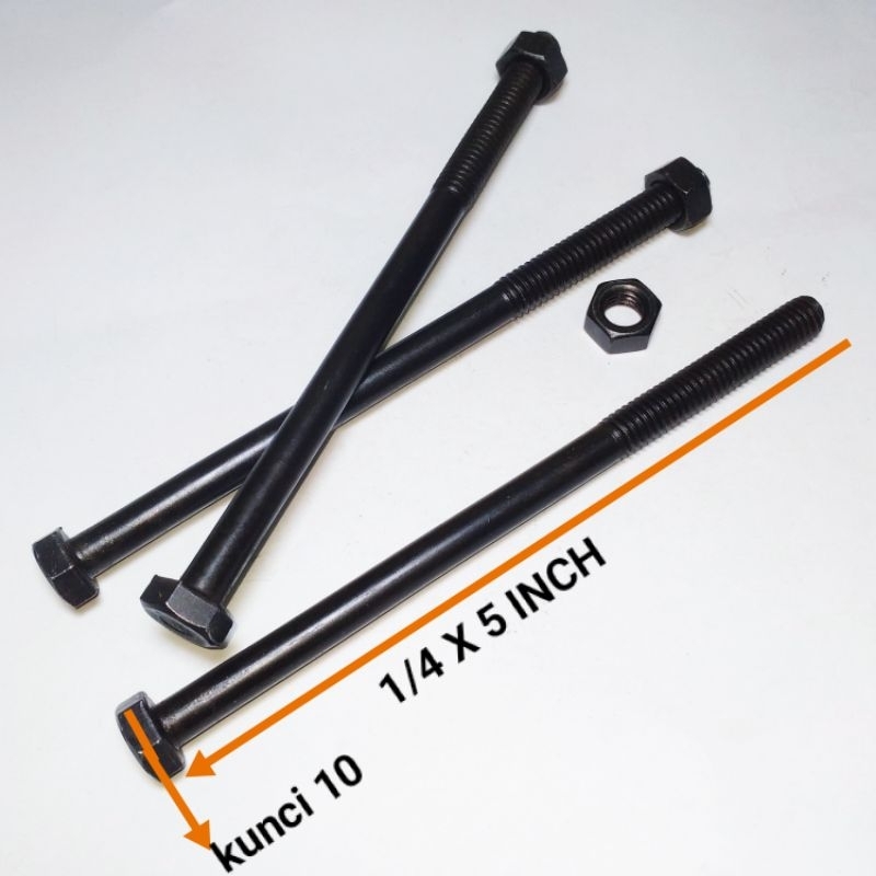 baut mur 1/4x5"G20 bau m6 kasar  kunci 10 baut drat kasar baut hitam