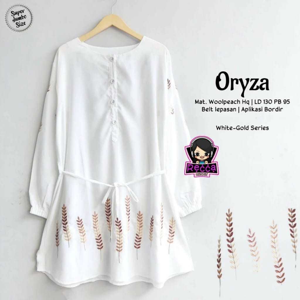 Baju Atasan Tunik Wanita Putih Bordir Bunga LD 130 Oryza Jumbo Bigsize Bahan Wolpeach Recca
