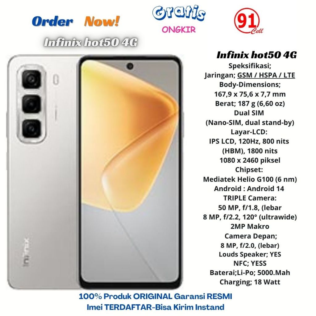 Infinix Hot 50 4g (Ram6/256Gb)-(Ram8/128gb) Garansi Resmi 1 tahun