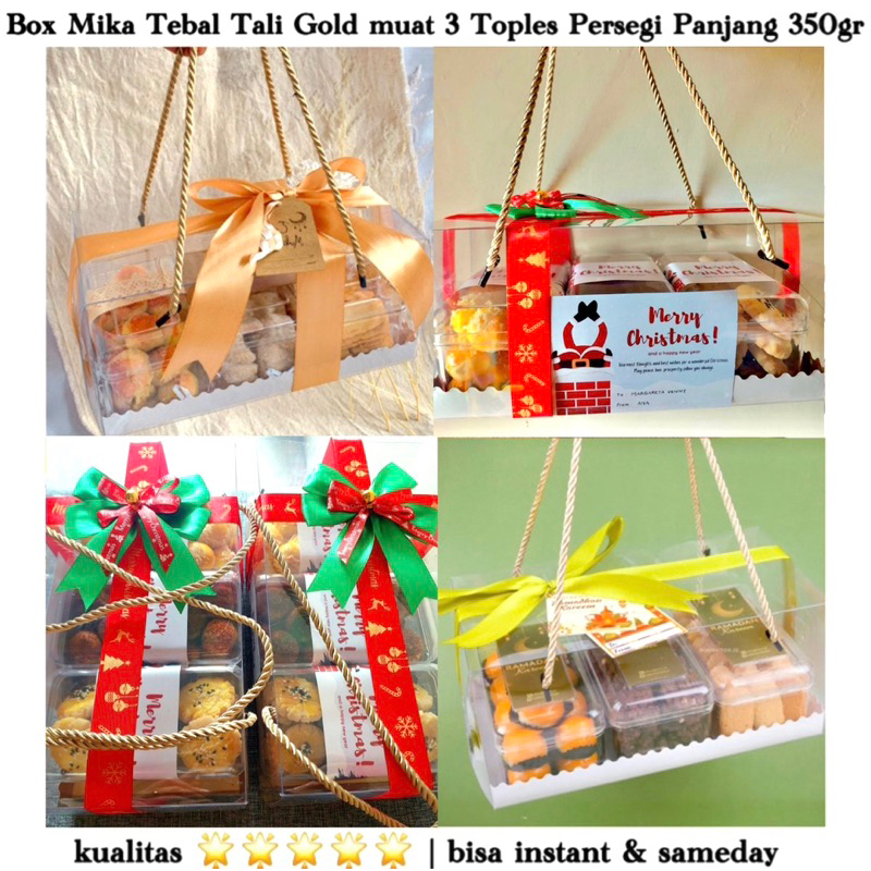 

Box Hampers Mika Mewah Tali Gold muat 3 Toples Persegi Panjang 350gr Kotak Hampers Toples Kue Kering kotak hampers natal box natal box hampers natal toples nastar putri salju hampers kuker hampers christmas