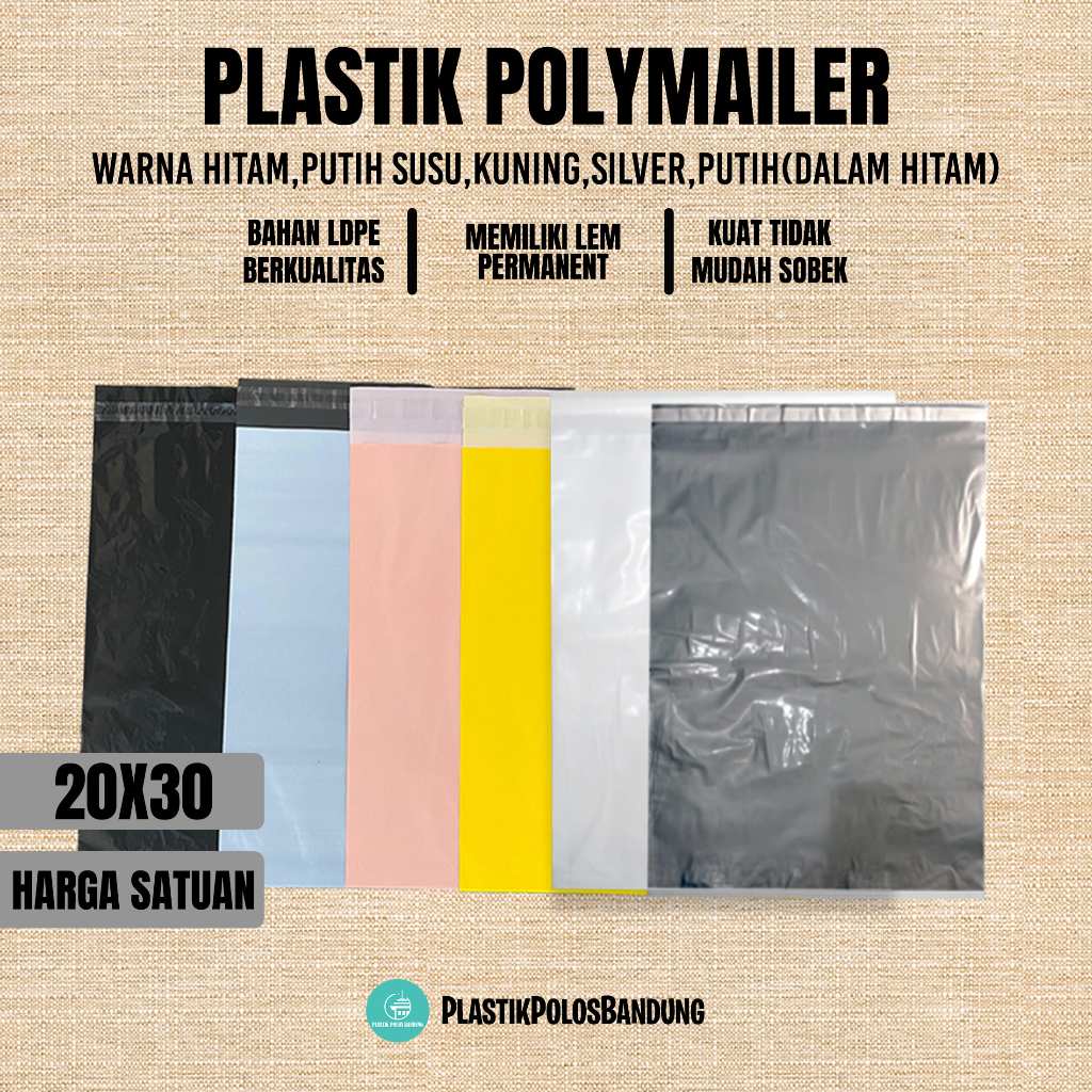 

Plastik Packing Polymailer Ukuran 20x30 cm Lem Permanen (Harga Satuan / Per Lembar) Warna Hitam,Peach,putih,silver,Kuning,Putih Susu(Dalam Hitam)