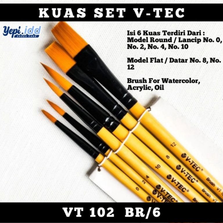 

Paint Brush Set 6 Pcs VTEC SET BRUSH VT 12 YELLOW BR6 Kuas Lukis 1 Set isi 6 Pcs Nylon Flat Round Brush s F2Y6