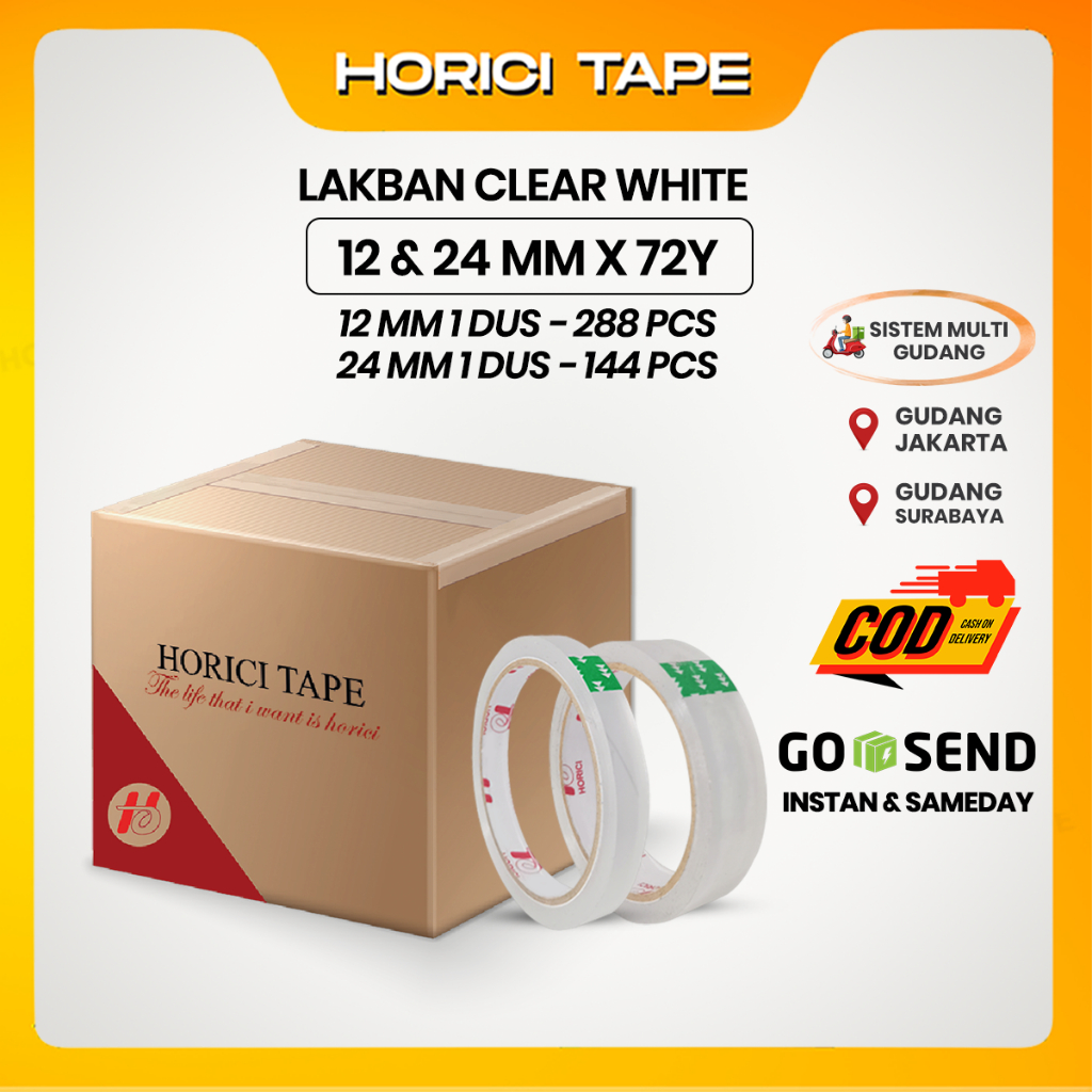

HORICI Lakban Isolasi Bening 1 Dus12MM 72Y Isi 288 Pcs & 1 Dus 24MM 72Y Isi 144 Pcs
