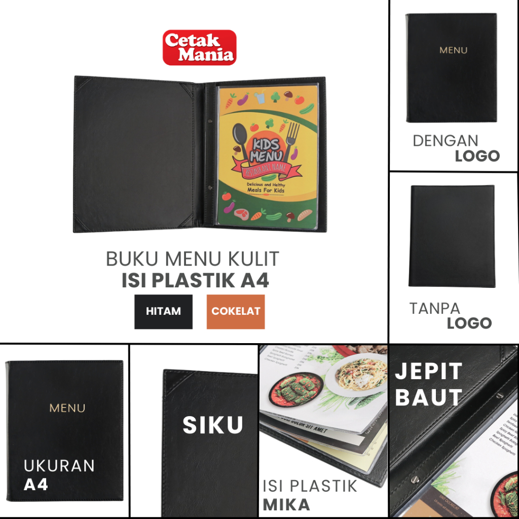 

InJO Cetak Mania - Buku Menu Kulit Polos dan Logo Jepit Baut Isi Plastik Mika A4 & 15x30 Coklat