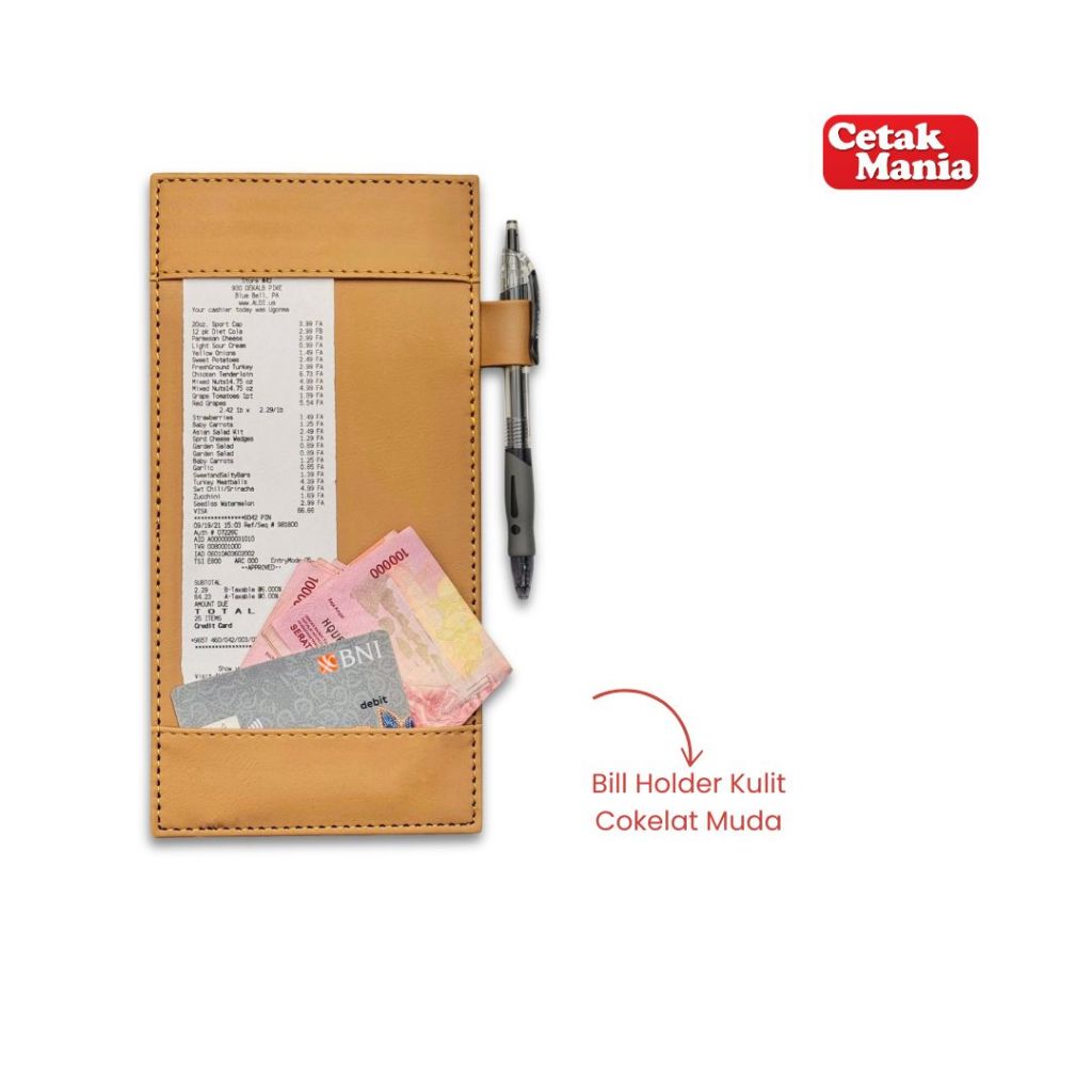 

Cetak Mania - Bill Holder Kulit Kantong + Pen Holder Coklat Muda - Cafe, Coffee Shop, Restoran, Hotel