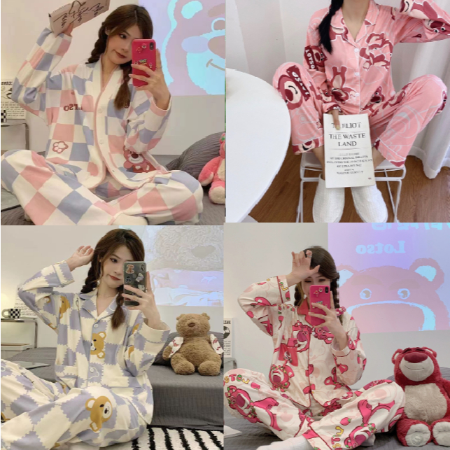 TrendPiyama Baju Tidur Wanita Piyama Cewek Set Kemeja Lengan Panjang Celana Panjang Style Korea Jumb