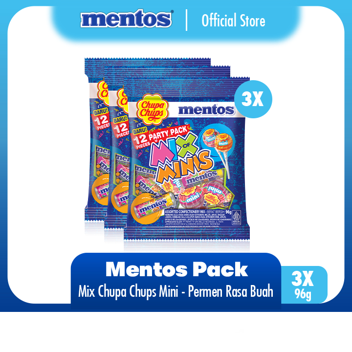 

Mentos Mix Chupa Chups Lollipops Mini 96g - Perment Mint Lolipop Rasa Aneka Buah (3 Packs)