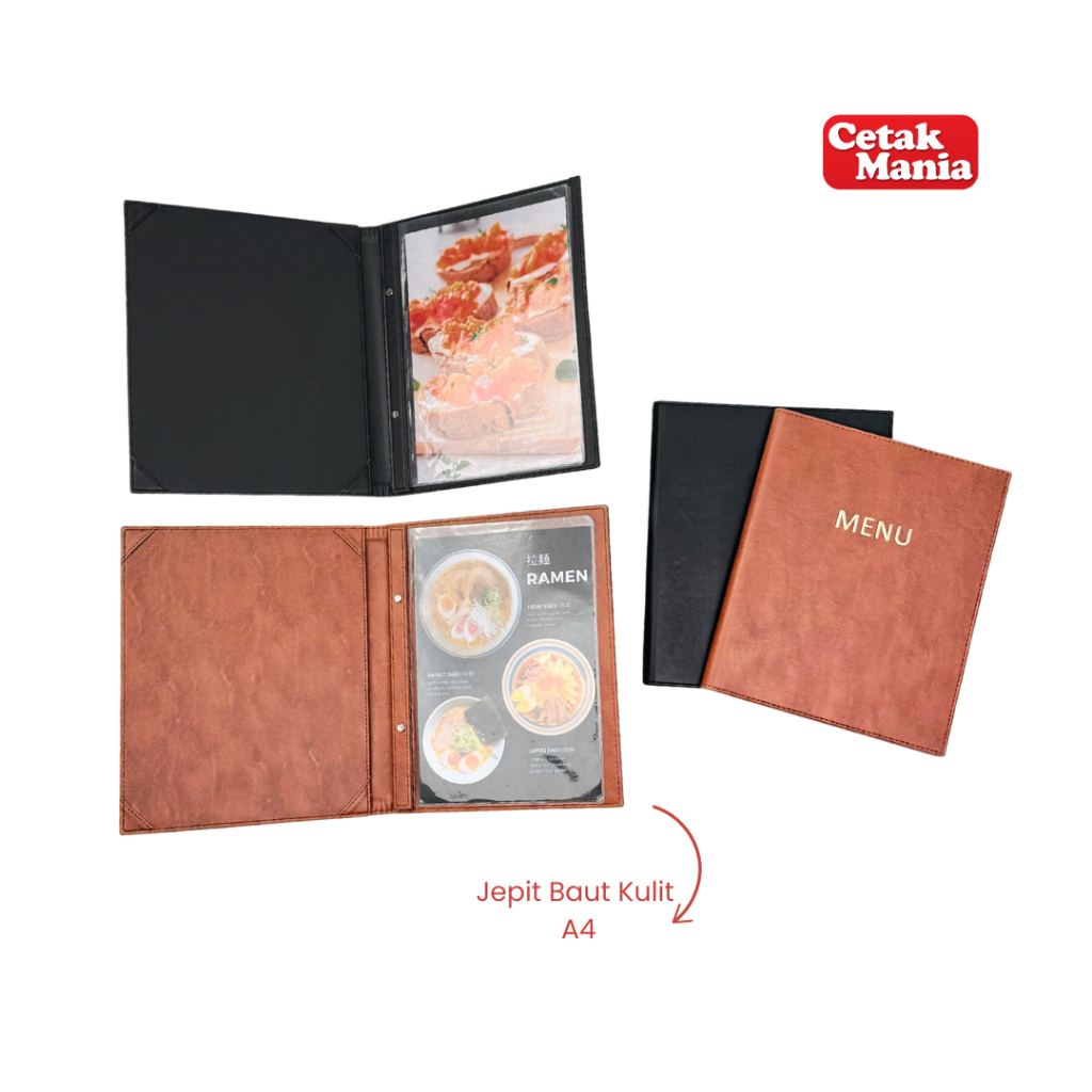 Cetak Mania - Buku Menu Kulit Jepit Baut Isi Plastik Mika A4 Coklat dan Hitam (polos dan logo) - Caf