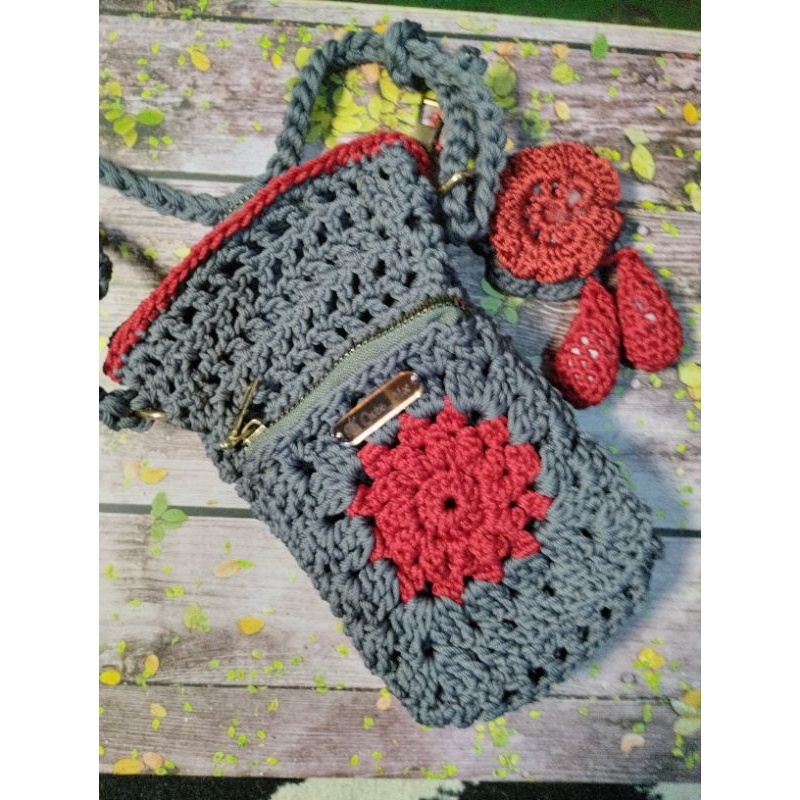 [CuteTiks]Net bag crochet |Tas jaring rajutTas hp rajut selempang dua ruang resleting|Tas jaring raj