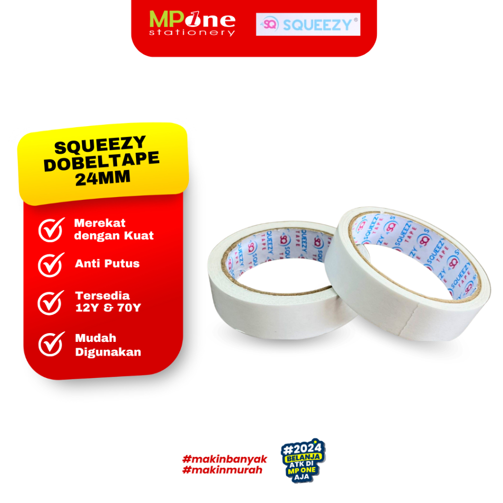 

(1 ROL) Squeezy Double Tape 24mmx12y/24mmx70y / Dobel Tip Putih Kuat Squeezy 24MM