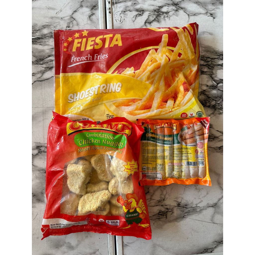 

Paket Hemat FIESTA (E) 3 Pax (1 Kentang Goreng, 1 Sosis Ayam, 1 Nugget Ayam)