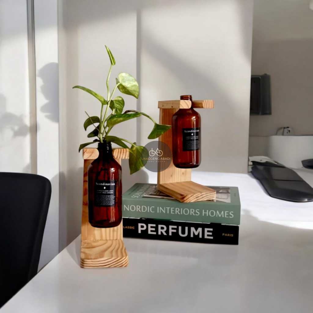 Vas Bunga Botol Standing Kayu | Vas Kaca Estetik | Vas Kaca mini | Standing Pot Kayu