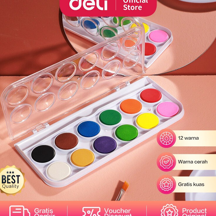 

berkualitas Deli Watercolor Painting Cat Air Padat 12 Warna Gratis Kuas Tinggi EC1512