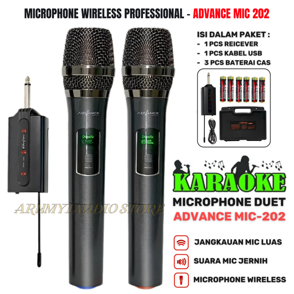 Advance Profesional Wireless Microphone Mic-202 Karaoke | Mic 202 Mic Wireless Double Tanpa Kabel Ad