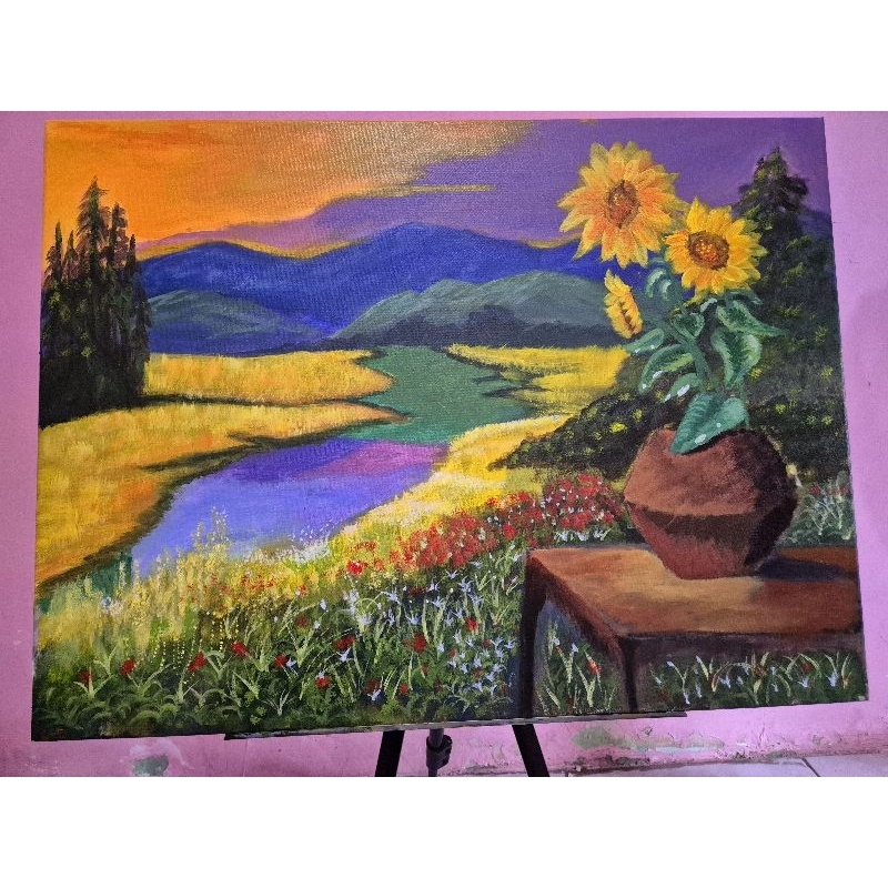 

kanvas lukis view of mount with sunflower