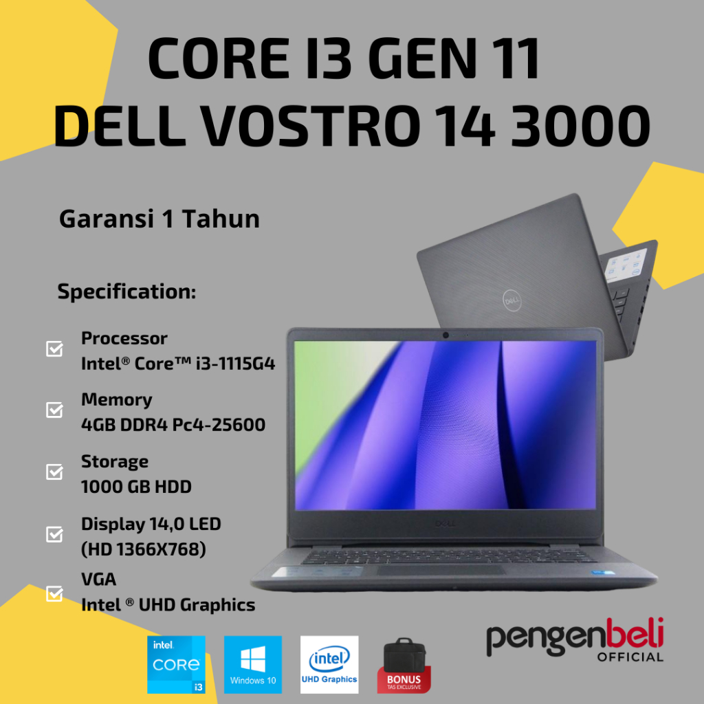 Dell Vostro 14 3000 / Intel Core i3-1115G4 / Ram 4gb DDR 4 / 1 TB HDD / Windows 10 HOME Single Langu