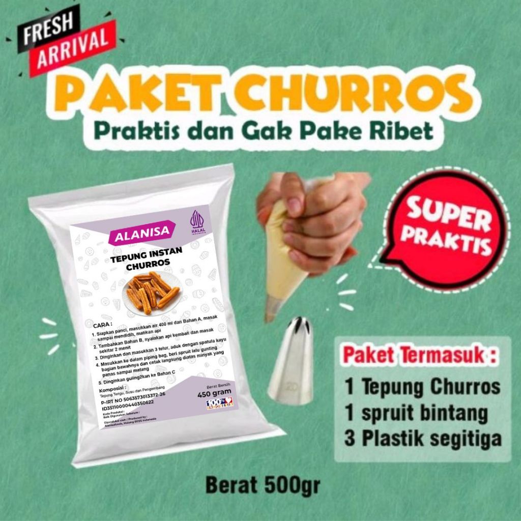 

PAKET TEPUNG PREMIX CHURROS ENAK 450GR,TEPUNG CHURROS DENGAN SPRUIT DAN PLASTIK SEGITIGA