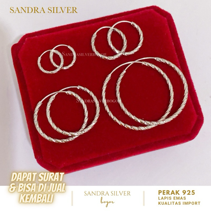 Anting bulat ukir Perak 925 lapis emas putih - Anting Ring ukir perak 925