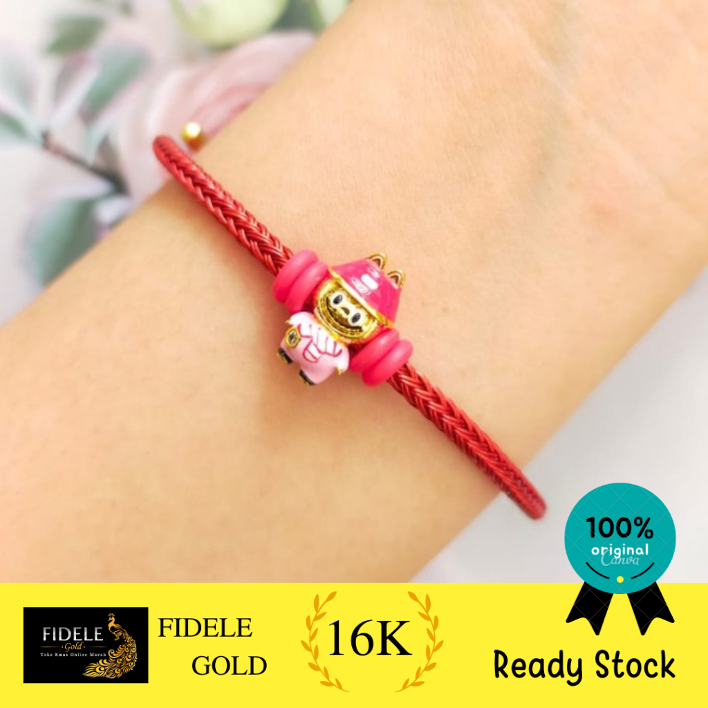 Gelang tali charm labubu topi merah fashion emas 700 16k