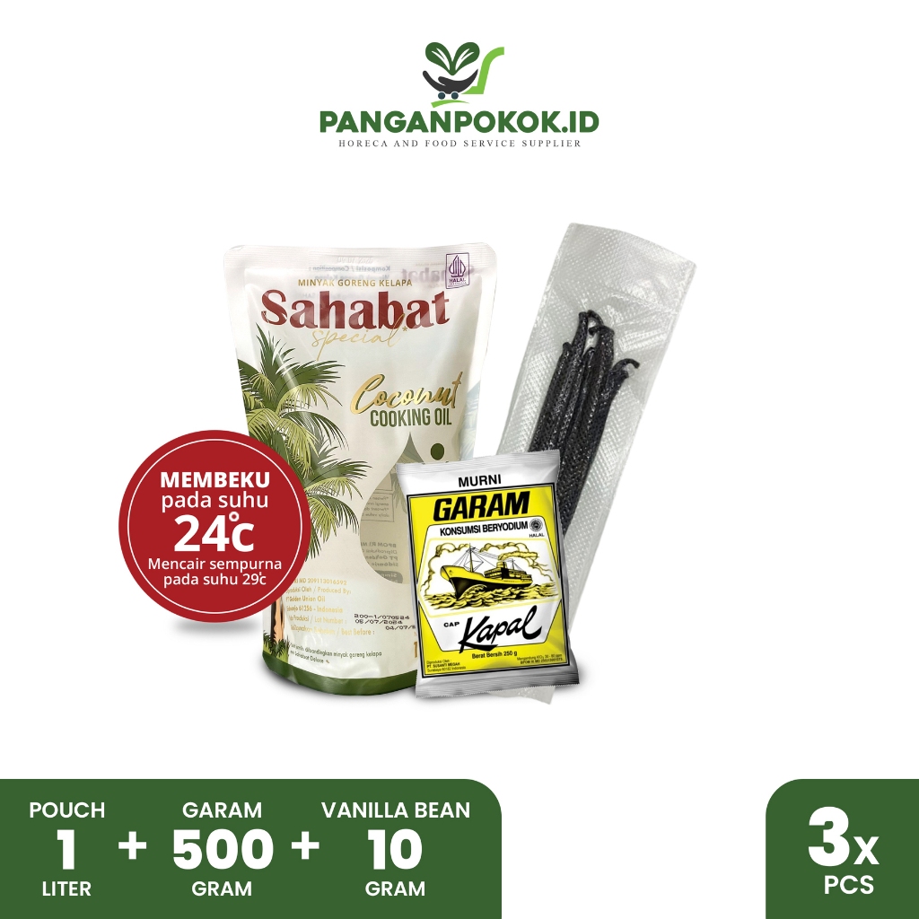 

[BUNDLE SPECIAL] Sahabat Special Minyak Goreng Kelapa Pouch 1L + Vanilla bean (Grade A) 10gr + Garam 500g