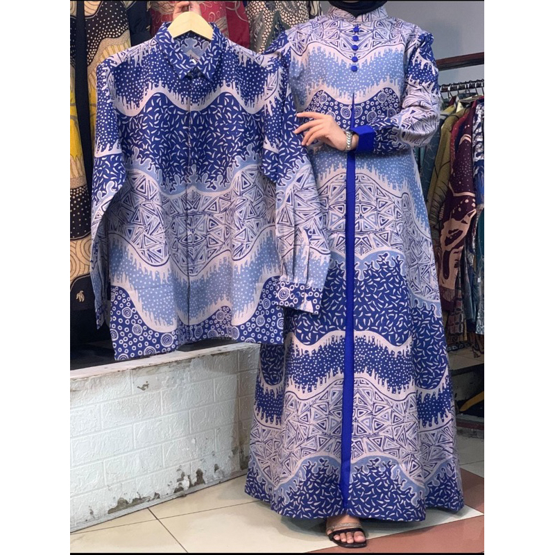 COUPLE GAMIS BATIK WANITA DAN KEMEJA BATIK PRIA LENGAN PANIANG BAHAN DOLBY COLETAN SOLO PREMIUM THAM