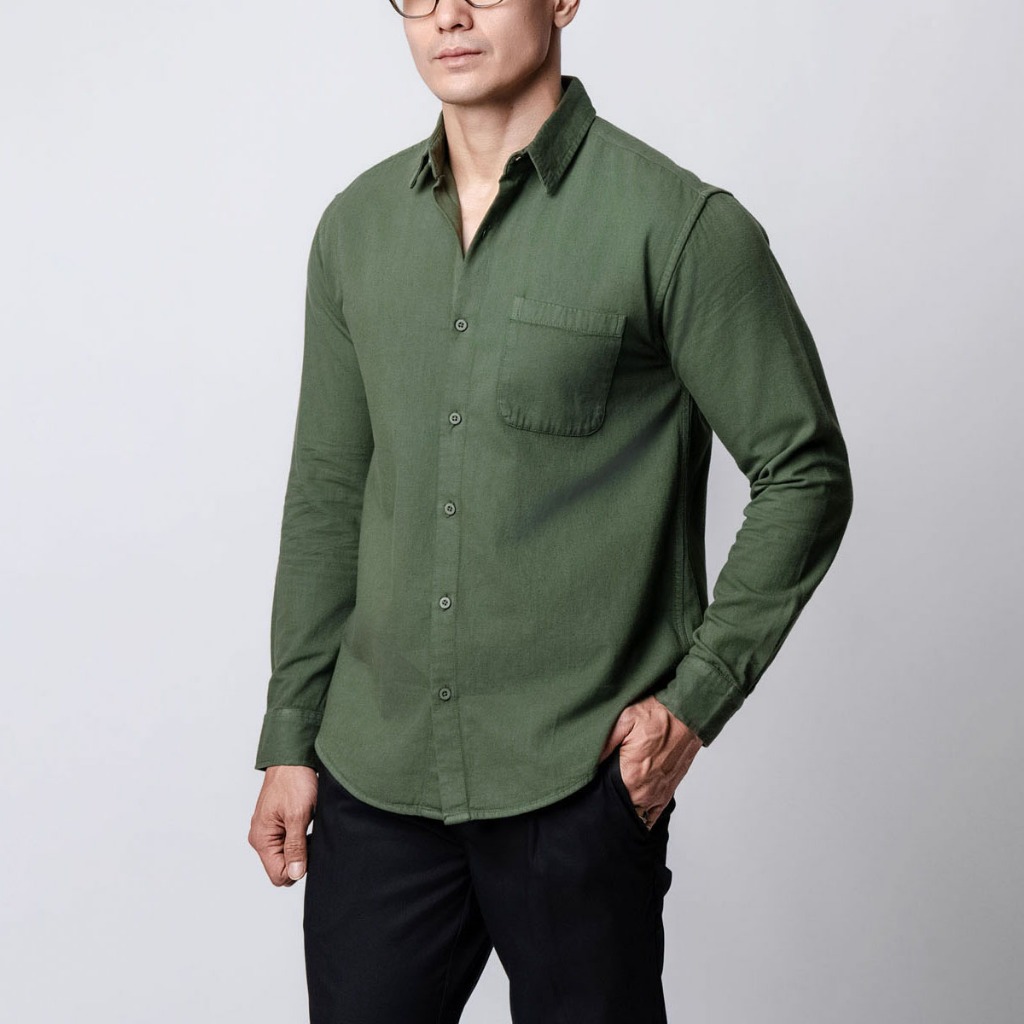 VENGOZ Kemeja Jeans Pria - Mens Washed Denim Shirt LS Army