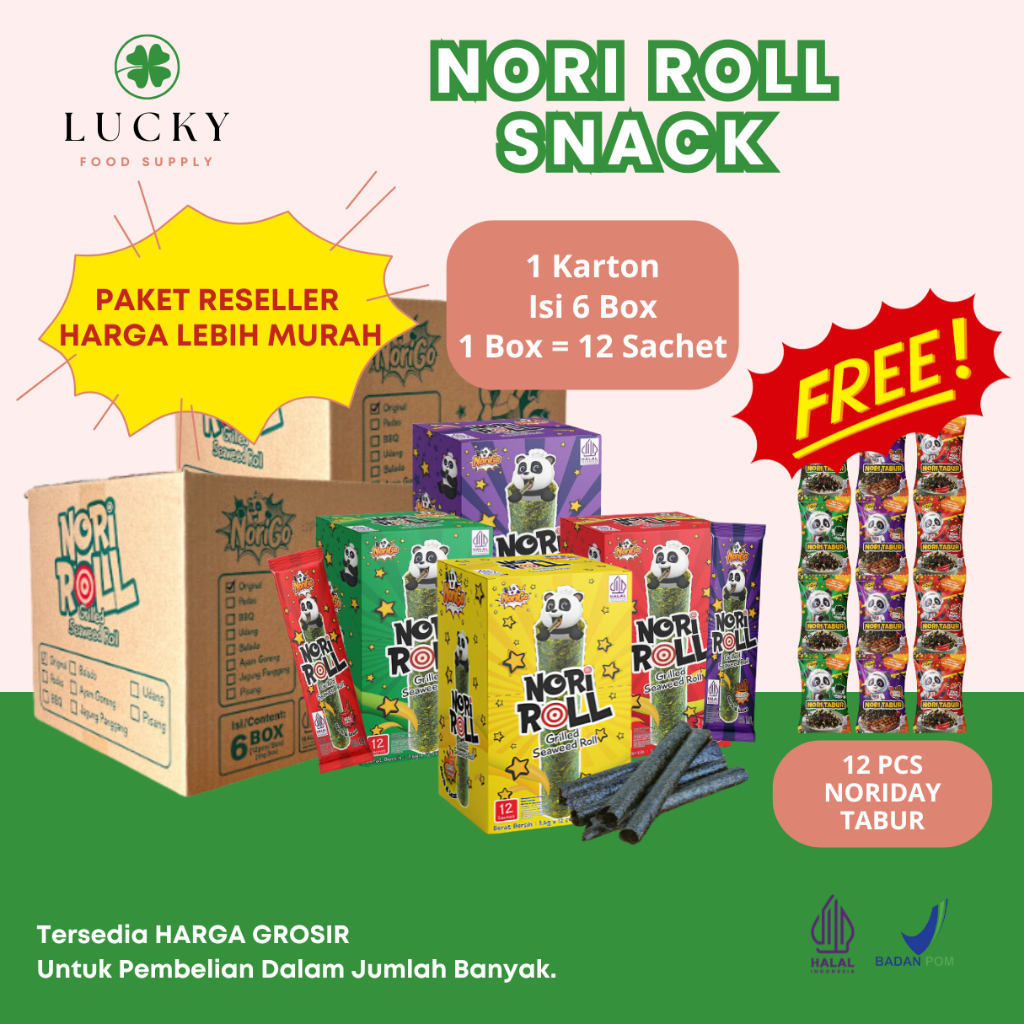 

GROSIR Snack Nori Roll Grilled Seaweed Roll Snack Rumput Laut 1 Karton isi 6 Box FREE Noriday