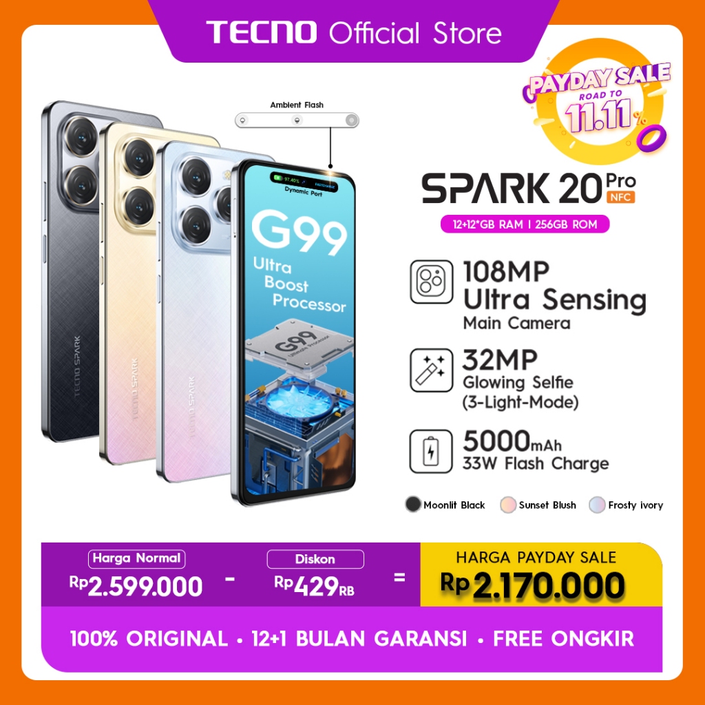 TECNO SPARK 20 Pro NFC – 12GB+256GB, 108MP+32MP, Helio G99, 6,78" IPS FHD+ 120Hz, Stereo Dual Speake