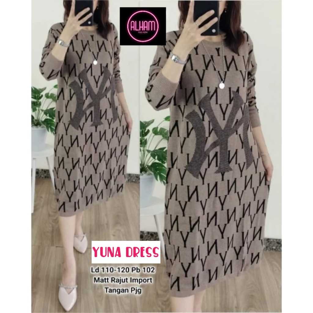 Yuna Tunik Dress Rajut Gamis Wanita Harian LD 110 - 130 Knit Import Tebal Adem Korean Style