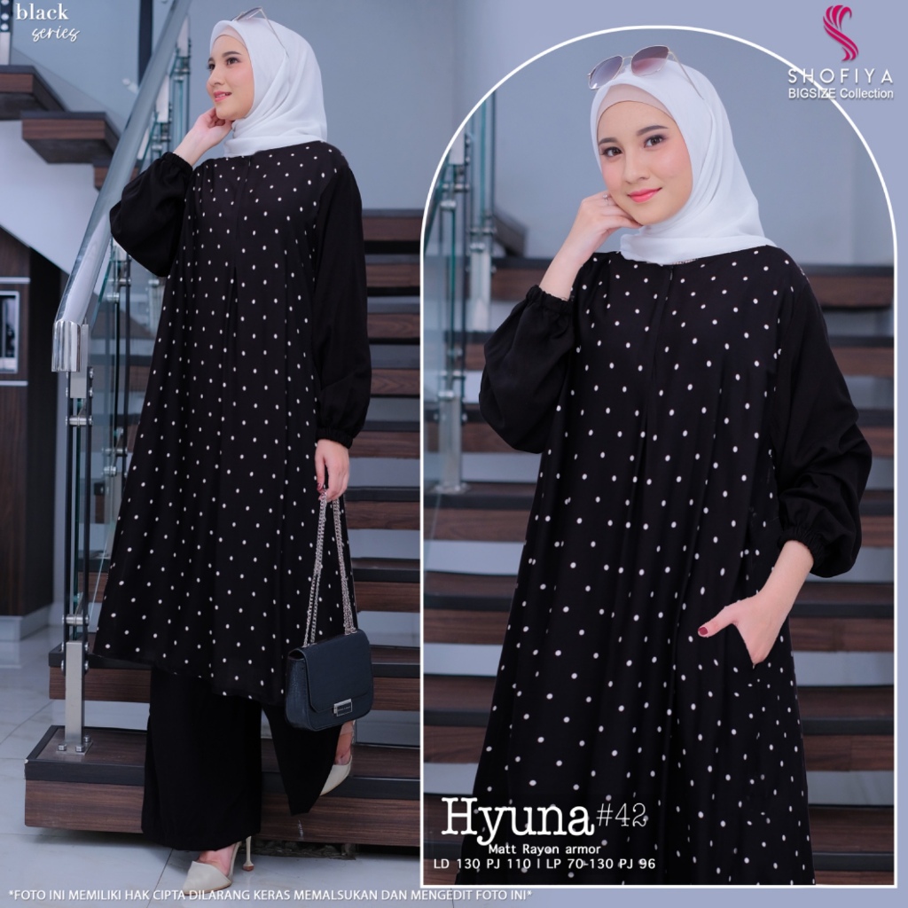 Hyuna42 baju setelan one set blouse tunik wanita muslim jumbo ld 130 rayon polkadot kekinian terbaru