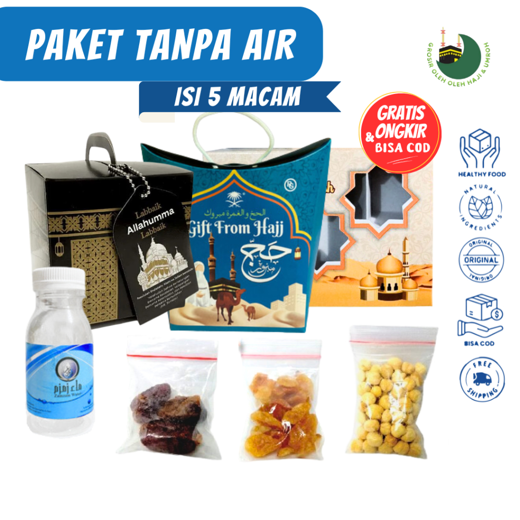 

Paket Oleh Oleh Umroh dan Haji Hampers Dus Tali Ka'bah Botol kosong + Kurma Khalas Kacang Arab