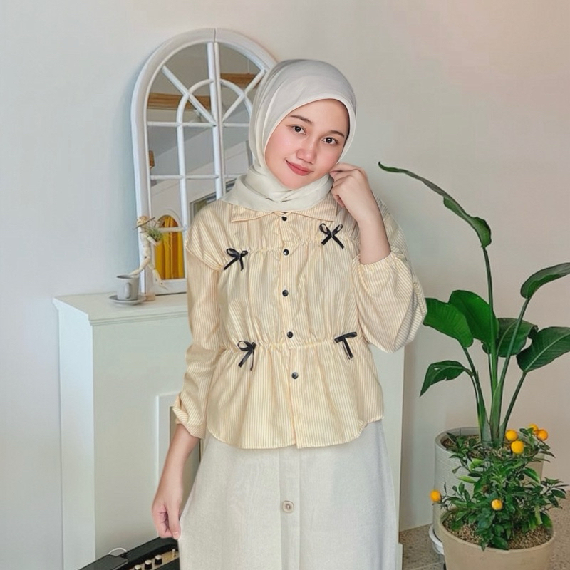 Rolv kemeja pita motif salur lengan panjang blouse pita salur