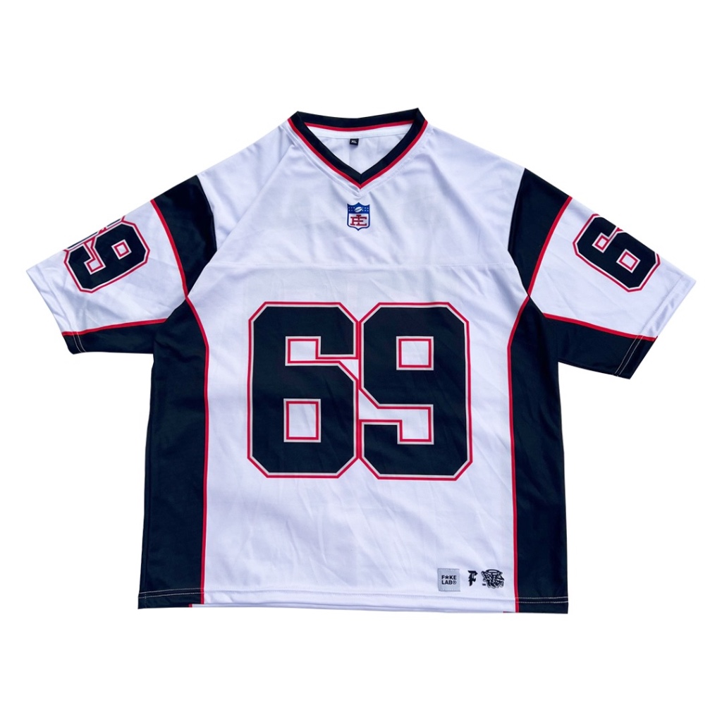 Fakelab White NFL Jersey Number 69 Boxy / Baseball Merah / Football / Rugby / Skena / Vintage / Retr