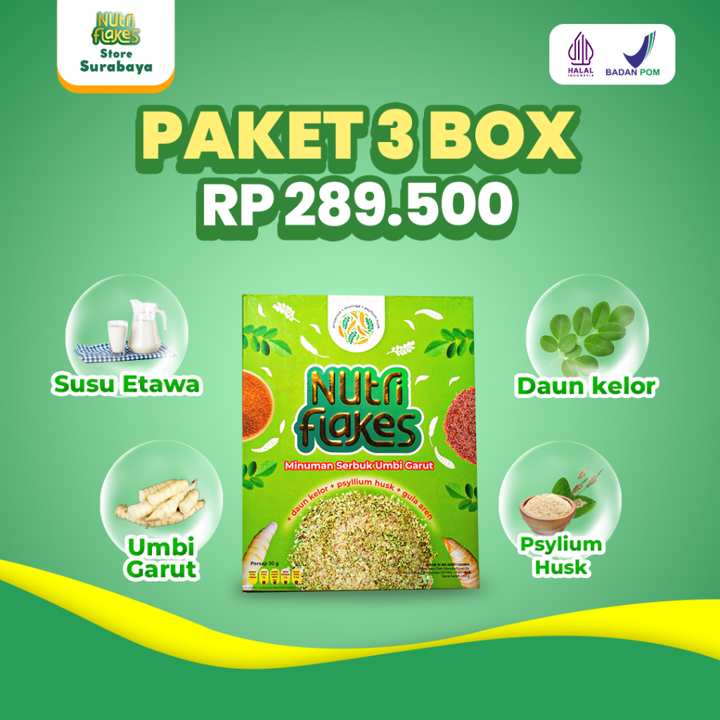 

NUTRIFLAKES PAKET 3 BOX Sereal Umbi Garut SolusI Masalah Gerd Maag Mual Nyeri Perut Iritasi Lambung