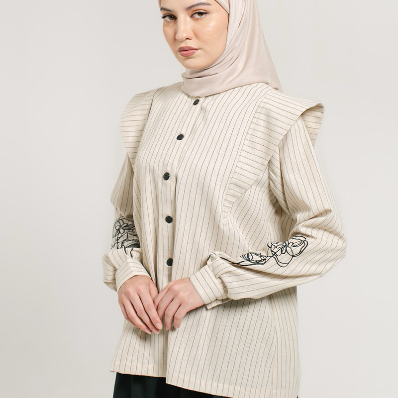 Zenna Linen Stripes Blouse | Blus Katun Linen Premium | Linen Blouse | Kemeja Linen Basic