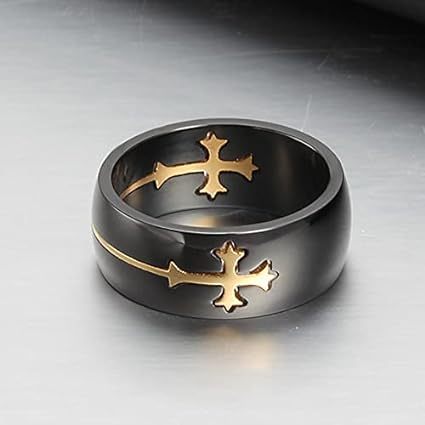 Cincin  Titanium Logo Salib Sambung Panjang Hitam Gold / Cincin Polos Variasi Salib Gold Gaya Korea 