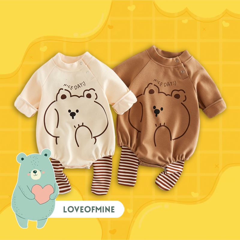 Set Baju Bayi Lengan dan Celana Panjang Beruang Gaya Korea