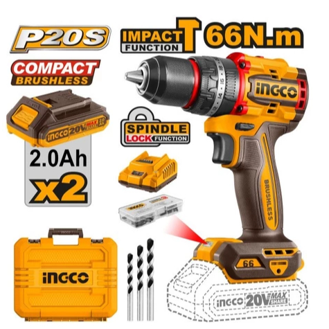 MESIN BOR IMPACT DRILL CORDLESS 20V BRUSHLESS 13mm 66Nm INGCO CIDLI20668