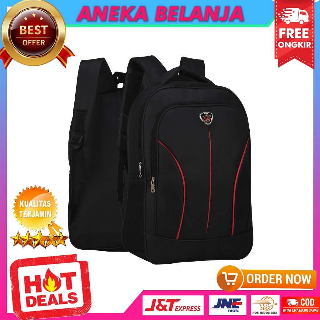 Tas Ransel Laki-Laki Model Polo Archie Triple Red Backpack Sekolah Murah Warna Hitam Bonus Raincover