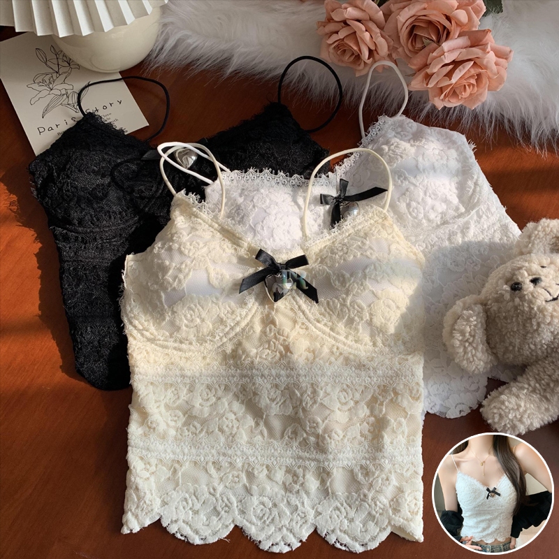 LNR Shop Tanktop Full Brukat Dengan Lonceng Love dan Pita ada Cup Pad Bra Busa Empuk Import Lengan T