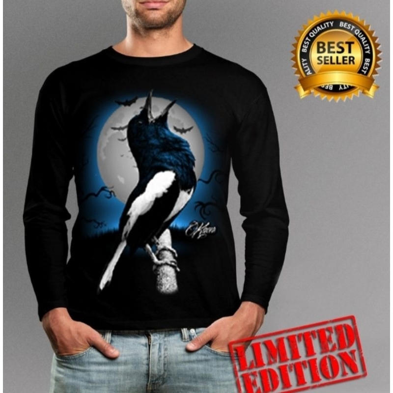 KAOS COWO LENGAN PANJANG DISTRO UKURAN JUMBO DTF PRINT GAMBAR BURUNG KACER