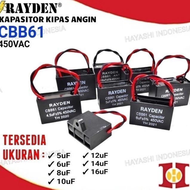 Kapasitor Kipas Angin CBB61 6UF 8UF 1UF 16UF 2 Kabel Cosmos Sanken