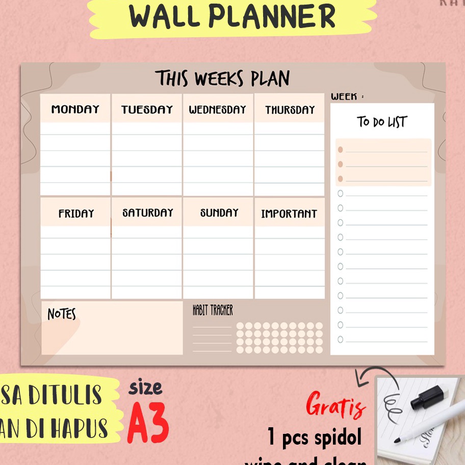 

HJ6 Weekly Planner wall Week Plan with Habit Trackernotes to do list size A3