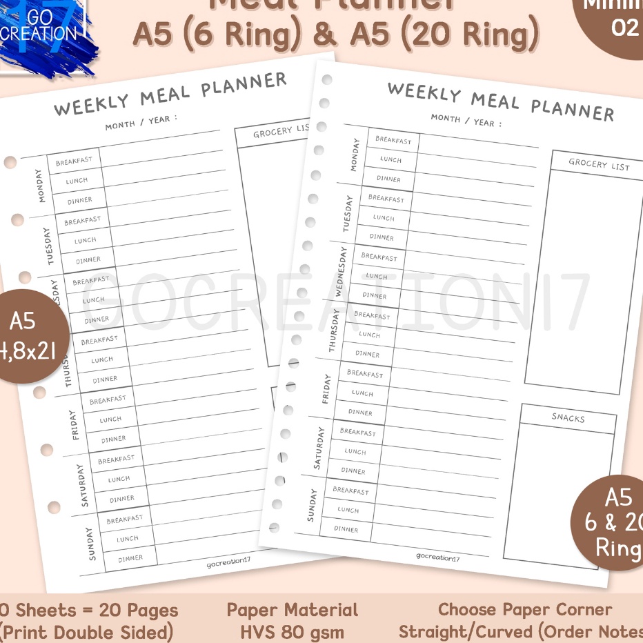 

Unggul Buku Planner Kes Binder Weekly Meal Plan Simple Mmalis A5 ring 2 dan A5 ring 6