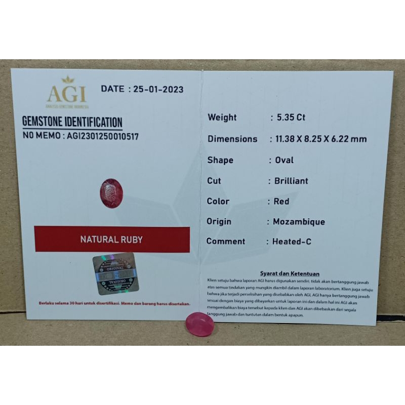 ASLI NATURAL BATU RUBY 'PIGEON' BERSERTIFIKAT LAB